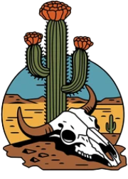 pixelated desert image with sunset and cactus and cow skull